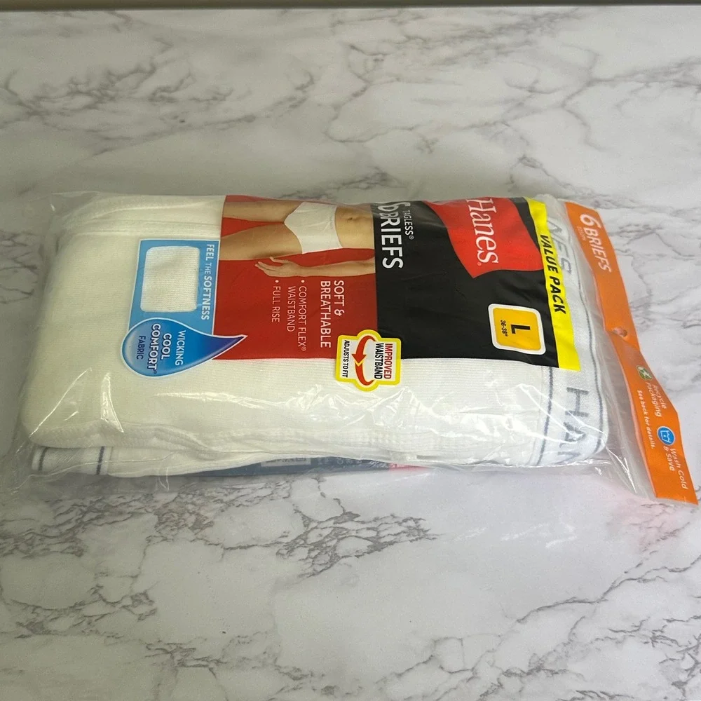 Hanes Mens Tagless Briefs 6-Pack White 100% Cotton Full Rise Size Large 36-38
